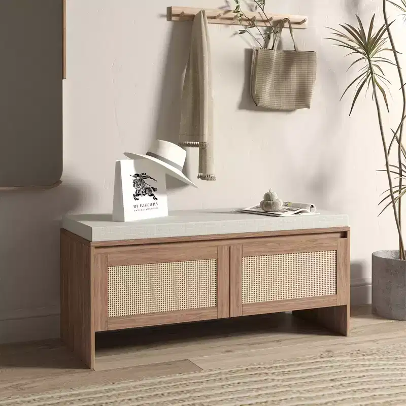 Rattan Shoe Storage Bench with Cushion Compact Entryway Shoe Cabinet with Doors