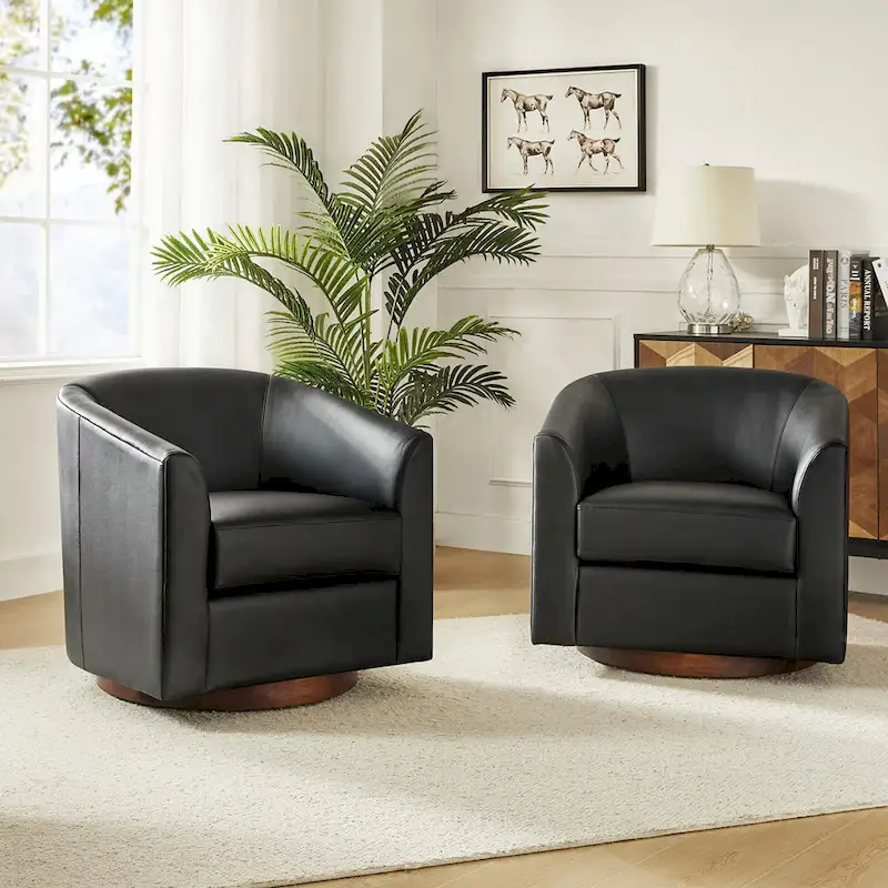 Haley Modern Swivel Barrel Faux Leather Chair with Solid Wood Base Set of 2