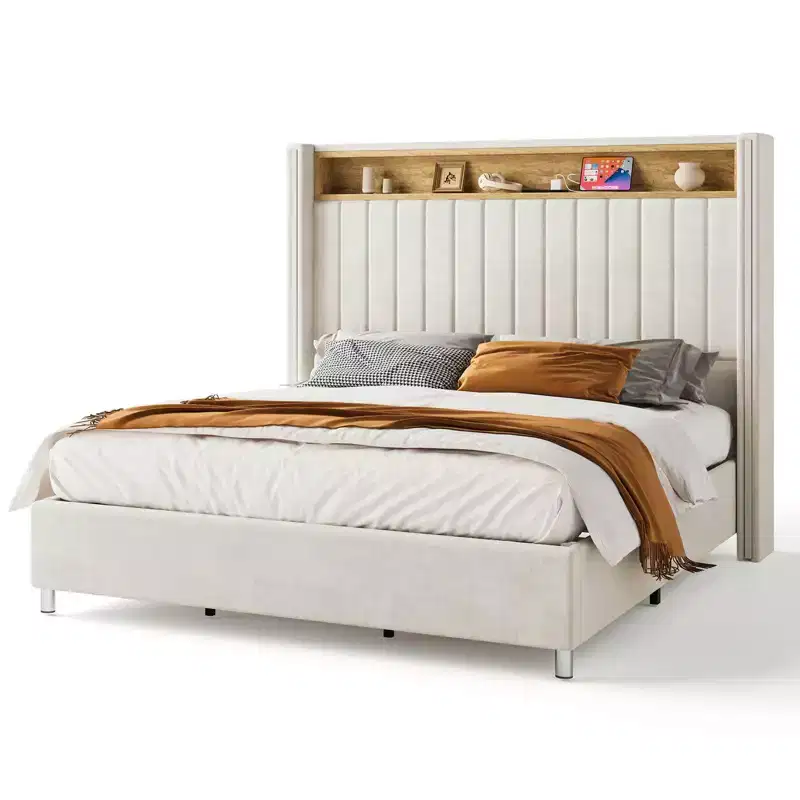Bed Frame with LED Lights and Charging Station, 53 Tall Storage Headboard