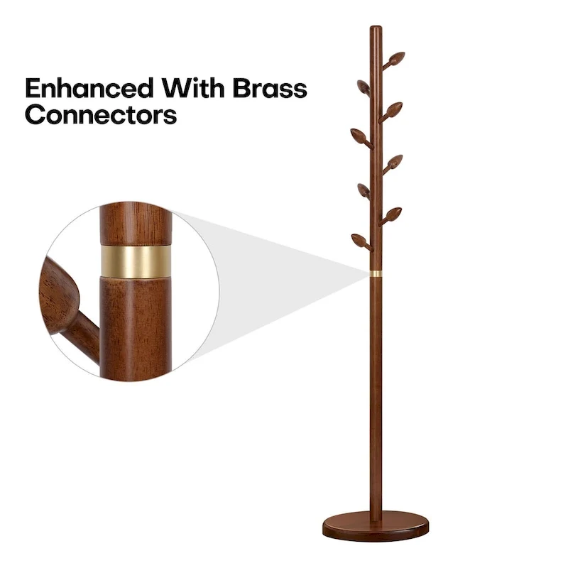 Rubberwood Freestanding Coat Rack, Coat Tree with 8 Bud-shaped Hooks - 15.75Dia. x 72.44H