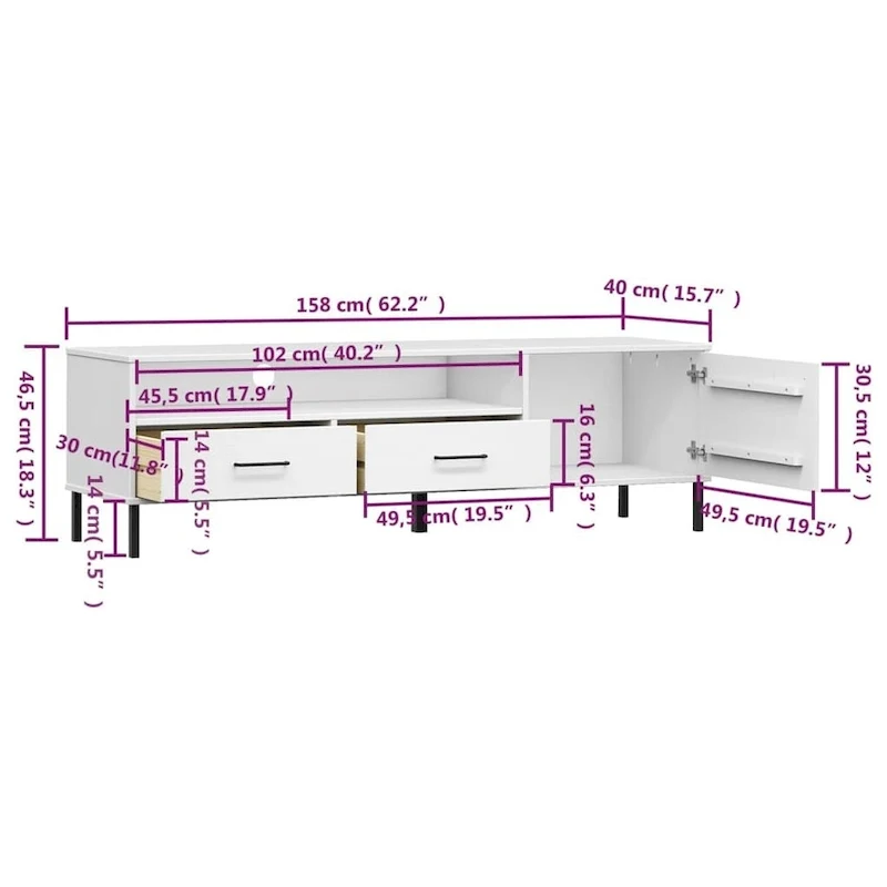 vidaXL TV Stand TV Console TV Console with Metal Legs Solid Wood Pine OSLO - 62.2 x 15.7 x 18.3