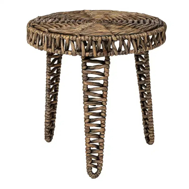 Coastal Bohemian Handwoven Water Hyacinth Round Tripod End Table