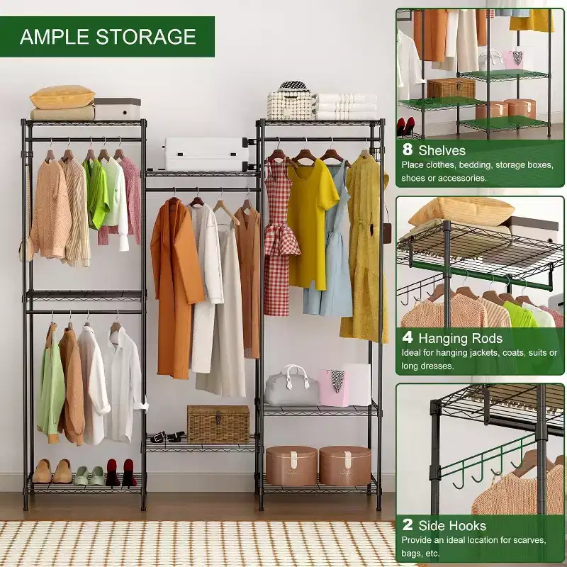 Acekool Portable Closet Organizer with 4 Adjustable Hanging Rods and 8 Shelves, Metal Wardrobe Rack for Bedroom, 67x17.7