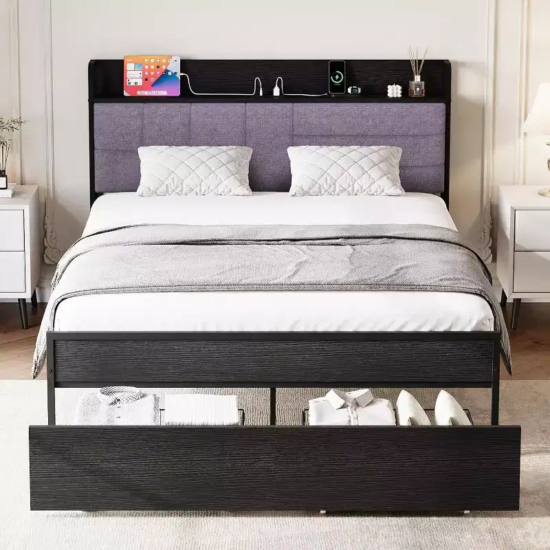 Queen Bed Frame with Storage Drawers, Upholstered Headboard, Metal Platform, Charging Station, 2-Tier Shelf, Black