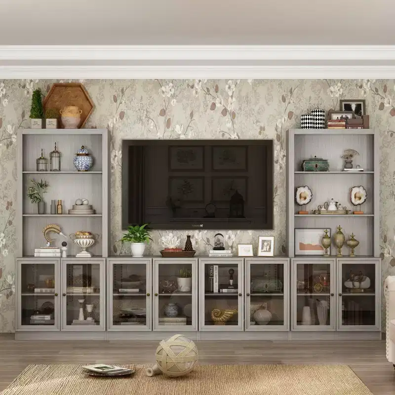 Gray Modular TV Console Entertainment Center with Tempered Glass Doors, 126