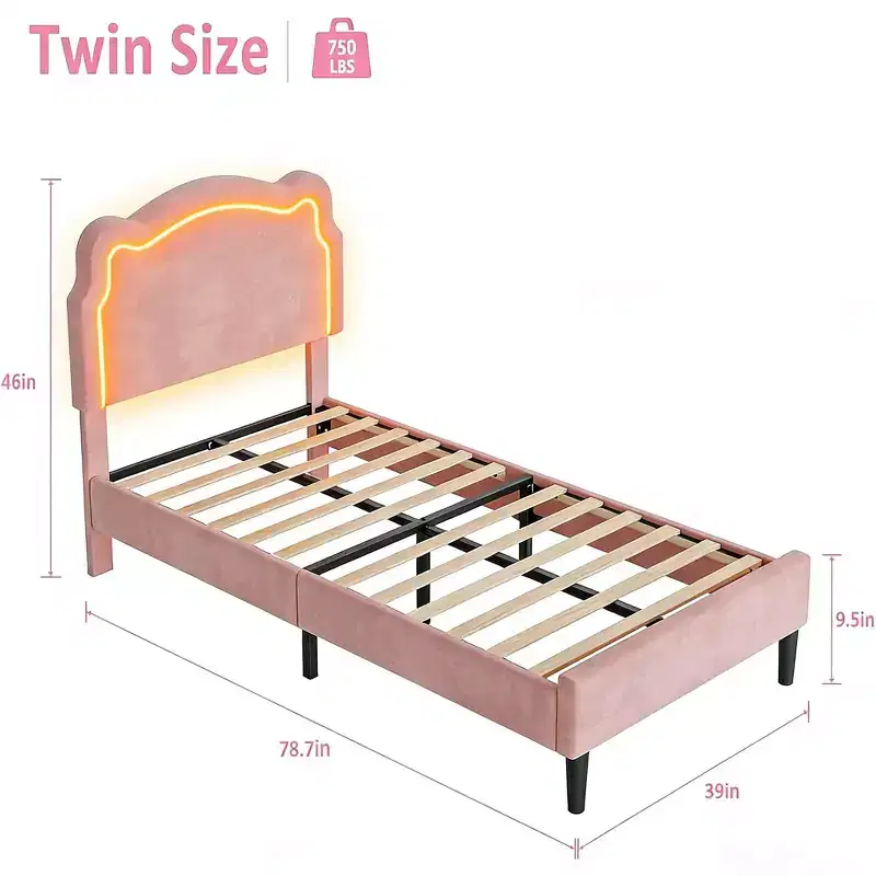 Twin Upholstered LED Bed Frame for Kids, Velvet Princess Platform Bed Frame with Headboard, Wooden Slats Support, No Box Spring Needed