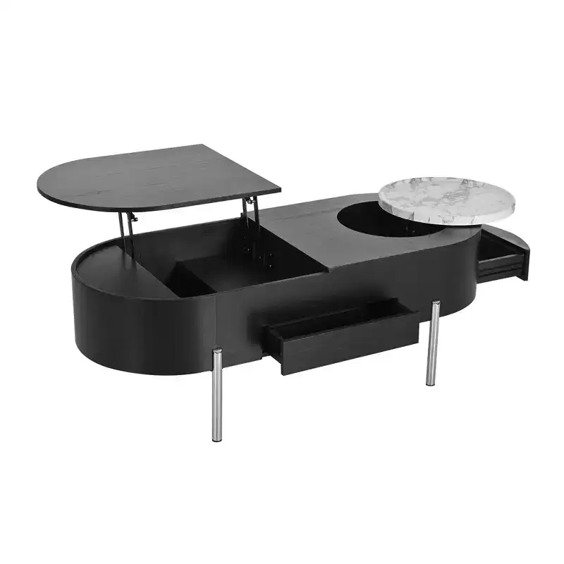 Lift Top Coffee Table Wooden Center Table with 360 Marble-patterned Rotating Tray, 3 Drawers and Hidden Compartment, Brown/Black-ModernLuxe