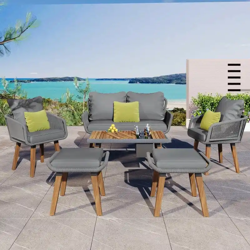 6-Piece Rope Patio Furniture Set with Acacia Wood Cool Bar Table