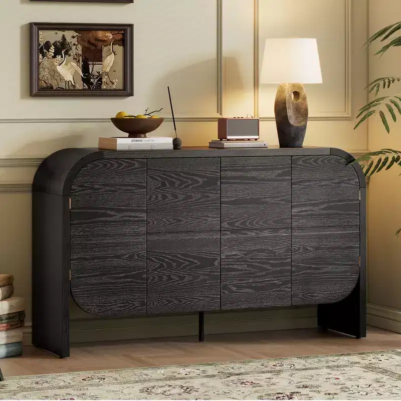 Wood Sideboard Cabinet with Curvy Edge, 4 Doors Retro Credenza Storage Cabinet with Adjustable Shelves for Living Room