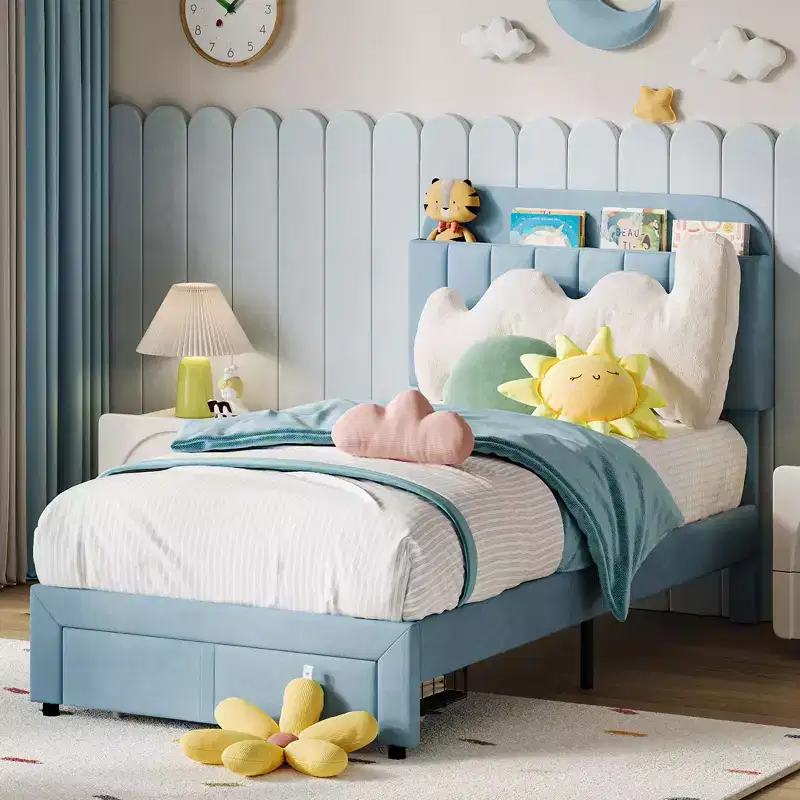 Twin Upholstered Kids Bed Frame with  Headboard & Large Storage Drawer - Quiet,Wood Slat Support, No Box Spring Needed