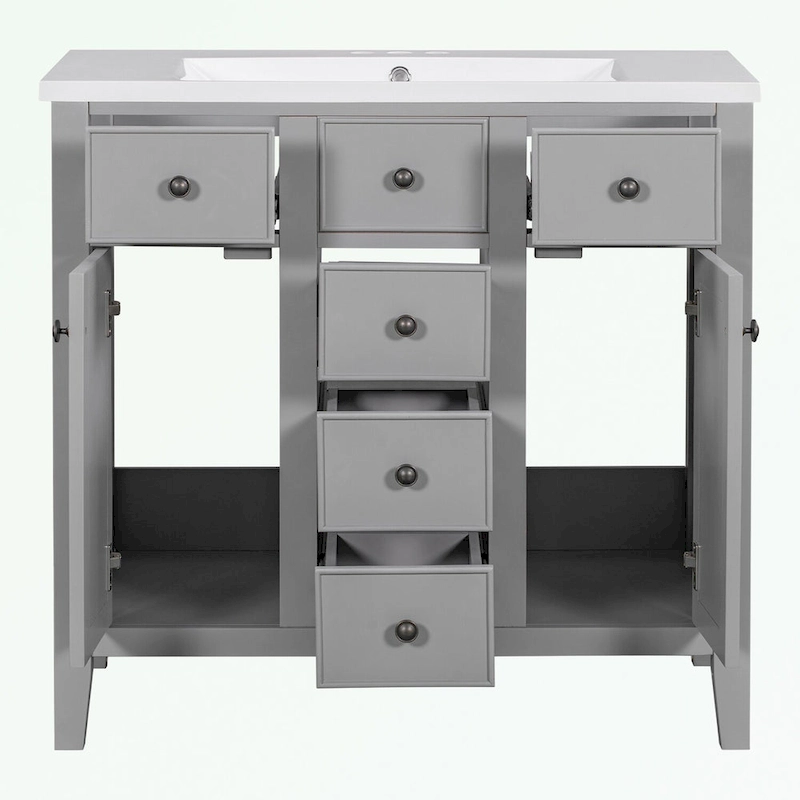 Bathroom Vanity with Ceramic Basin, Two Cabinets and Five Drawers