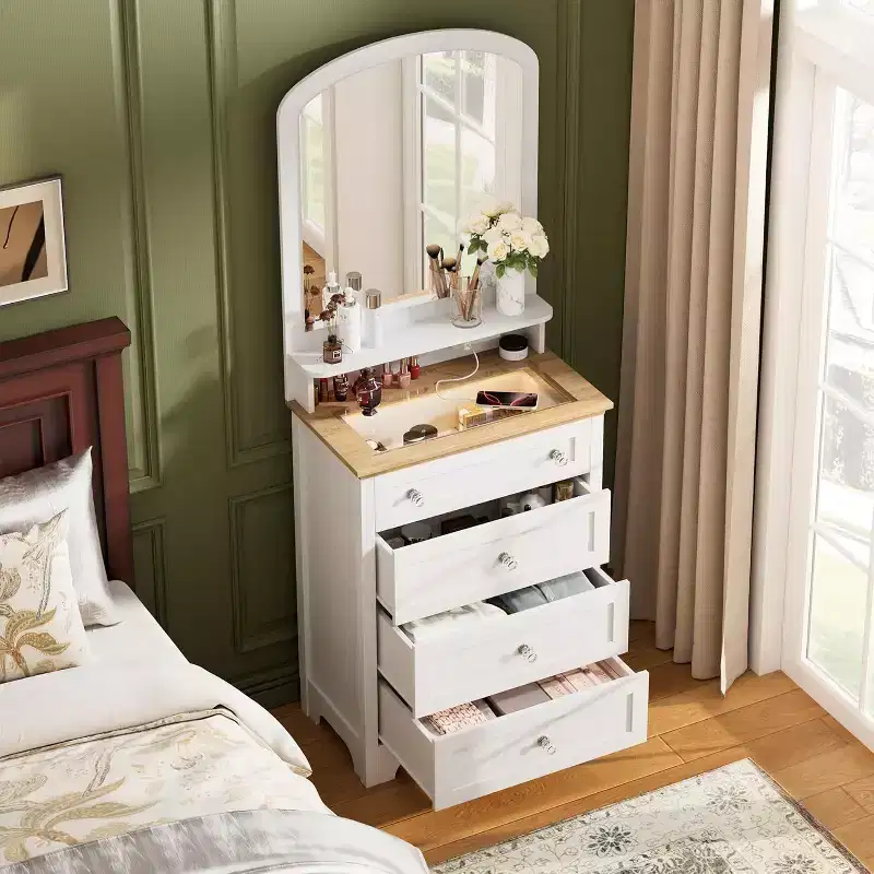4-Drawer Dresser with Mirror, LED Strip & Charging Station, Modern Makeup Vanity Cabinet for Bedroom, Entryway, Small Space
