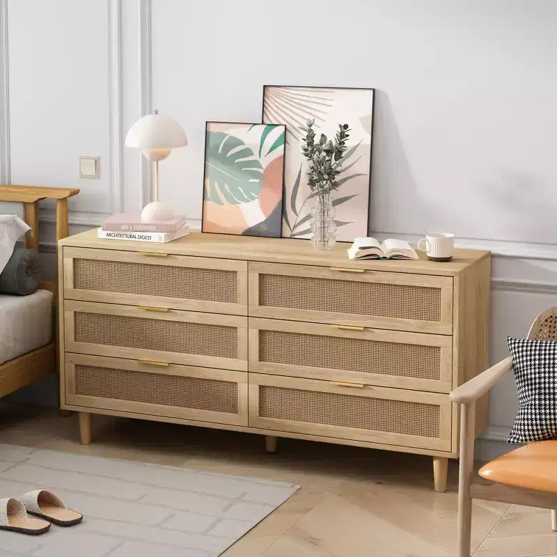 59.06-inch 6-Drawer Rattan Storage Cabinet with White Drawer Slides, Suitable for Bedrooms, Features Storage Space, Natural