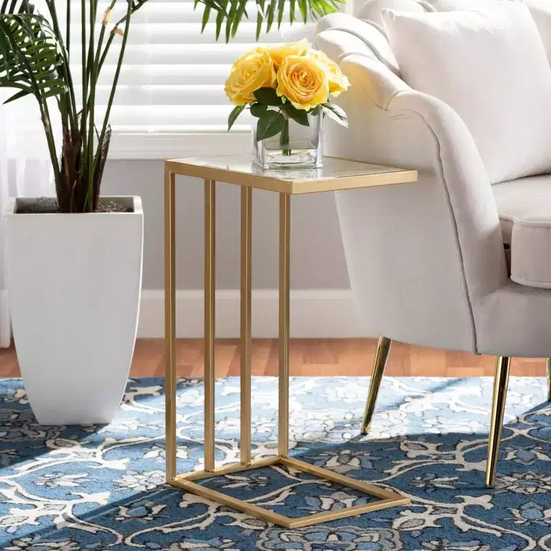 Metal C-Shaped End Table with Marble Tabletop, Gold