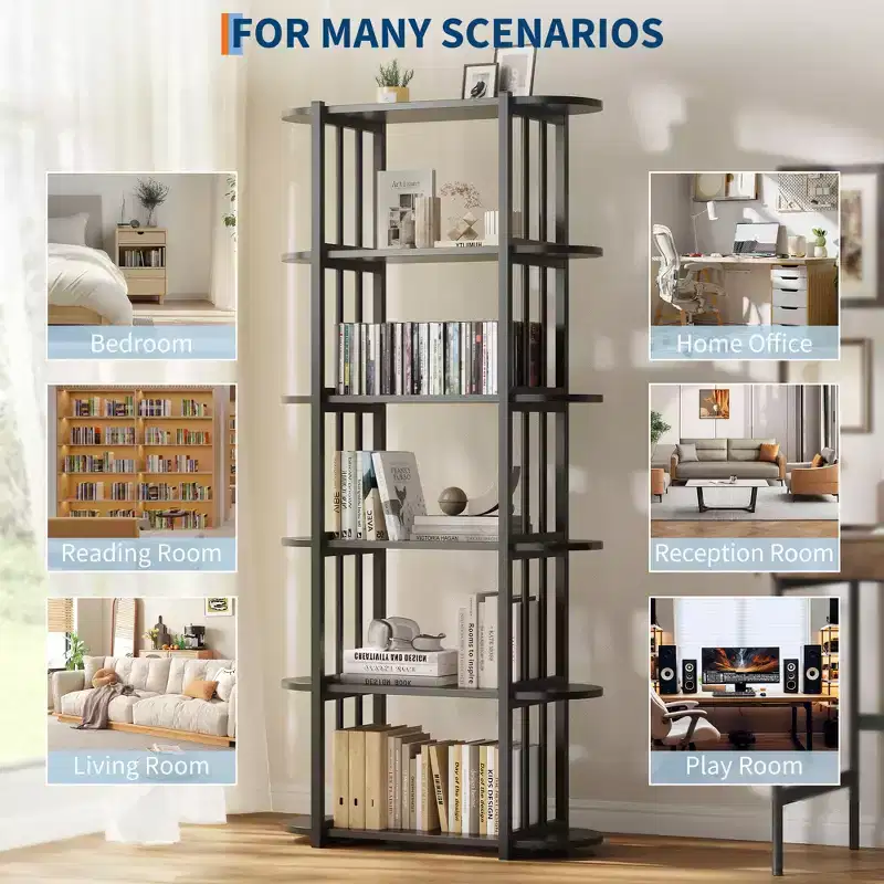 Black / Retro Industrial 6-Tier Bookshelf with Metal Frame