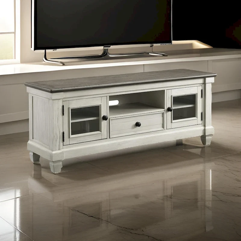 64 Inch TV Media Entertainment Console, White & Brown, Solid Wood