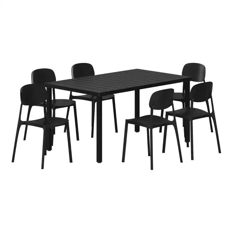 WestinTrends Playa 7-Piece Outdoor Rectangular Metal Patio Dining Table Set With Mid-Century Modern Stackable Patio Side Chairs