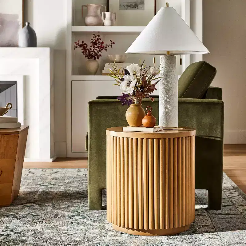 Round Accent Side Table with Fluted Base - Natural Brown