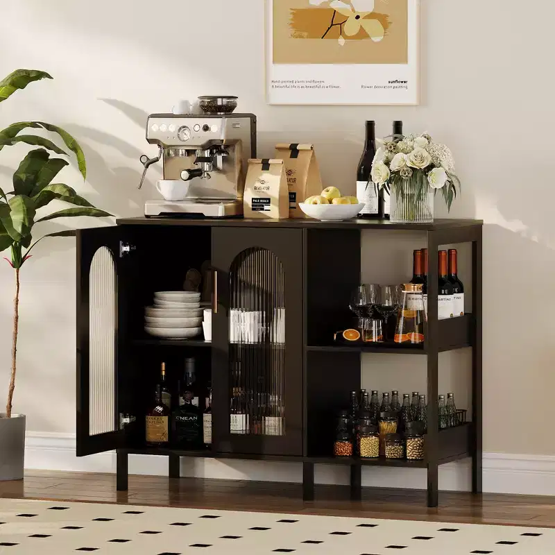 Modern Wooden Buffet Sideboard Cabinet with Glass Doors, Storage Cabinet with Adjustable Shelves for Kitchen, Dining Room & Living Room