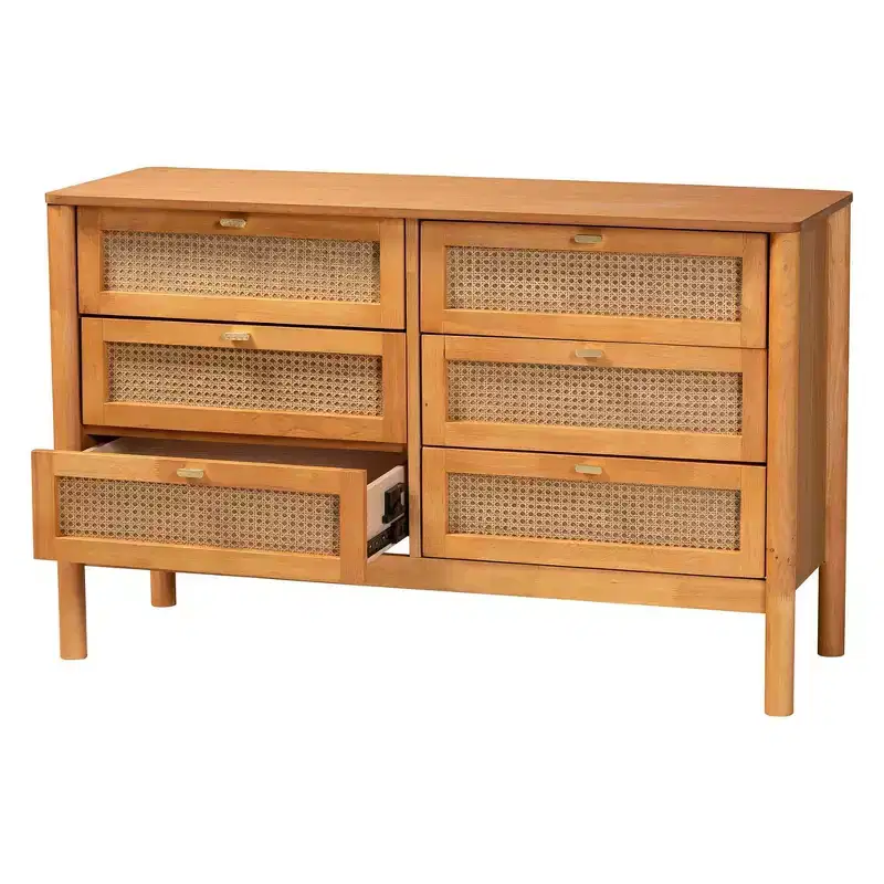 Baxton Studio Jenn Wood 6 Drawer Dresser with Distressed Finished Rattan Golden Brown/Distressed Rattan