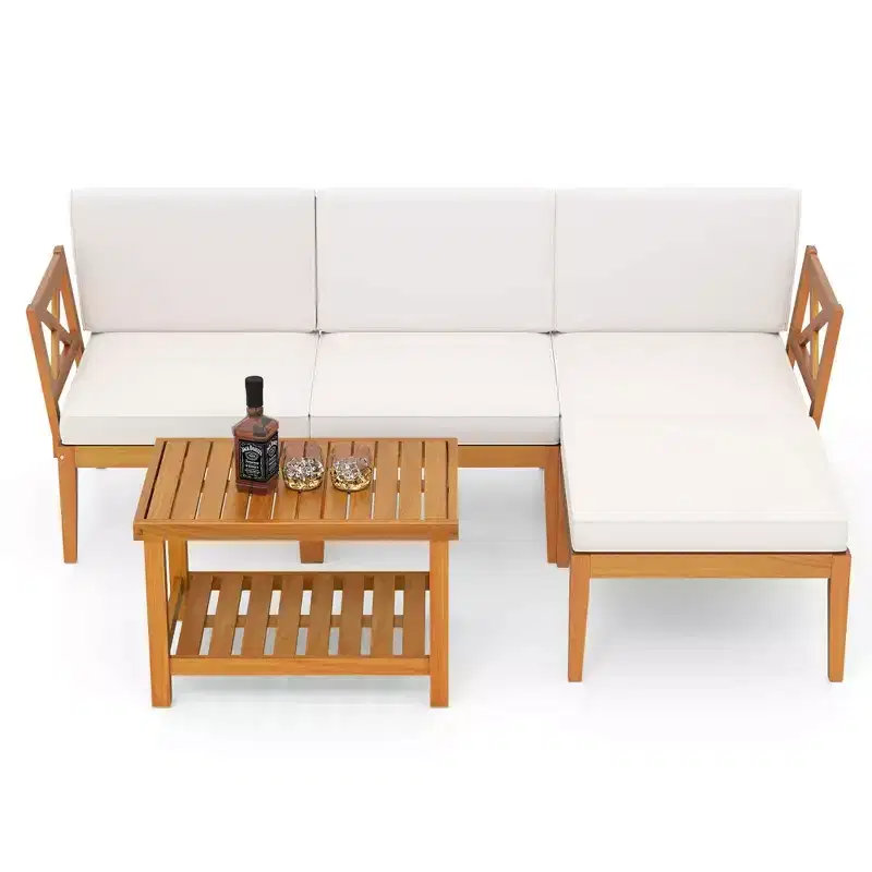 Costway 5 PCS Acacia Wood Patio Furniture Set with 2-Tier Coffee Table and Cushions