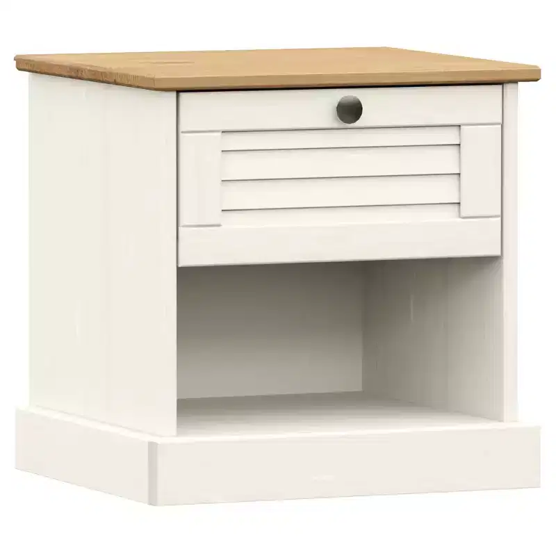 White Rustic Bedside Cabinet, Solid Pine Wood with Drawer and Shelf