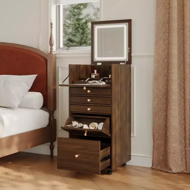 Walnut Rolling Vanity Dresser with LED Mirror, Foldable Worktop & Multi-Layer Storage