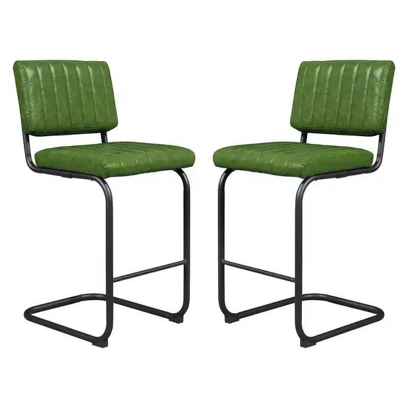 HOMLUX Upholstered Set of 2 Cantilever PU Leather Counter Height Barstool with Black Metal LegsOlive Green