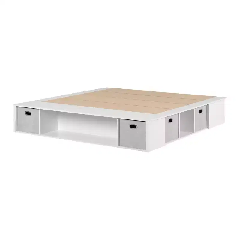 King Flexible Storage Platform Bed with Baskets Pure White
