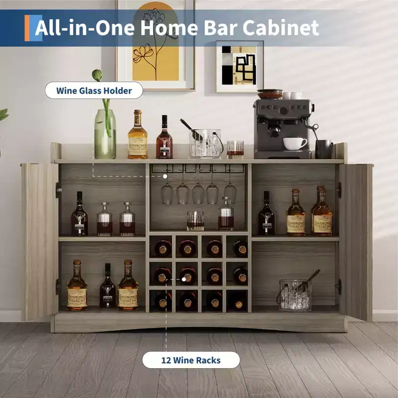 47W Modern Wine Bar Cabinet, Freestanding Coffee Bar Cabinet with 9 Glass Holders & 12 Wine Racks, Wooden Sideboard Buffet Cabinet, Brown