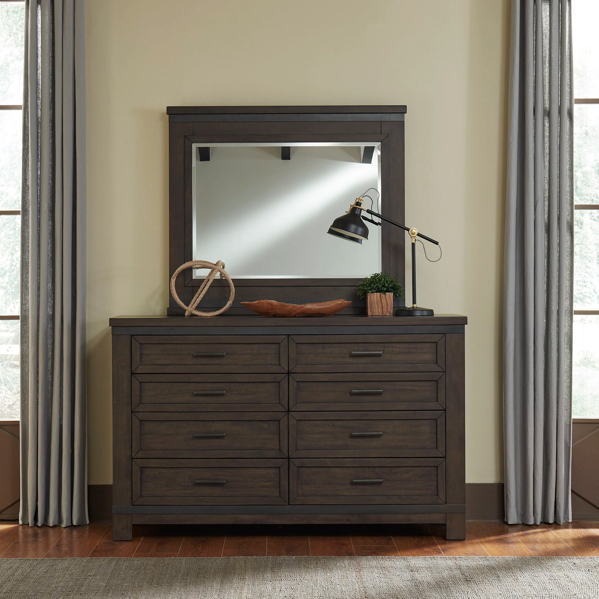 Dresser & Mirror - Rock Beaten Brown — contemporary-A mixture of materials with distressed finishes and textured fabrics
