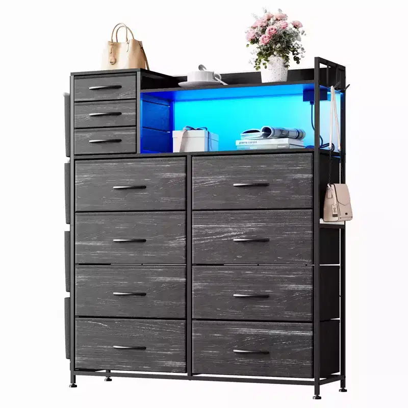 Fabric 11-Drawer Dresser with Charging Station & LED Lights