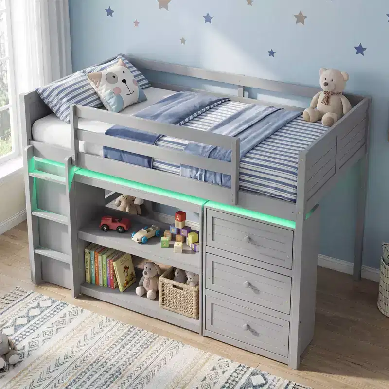 Costway Twin Size Loft Bed with LED Lights Underbed Space Drawers Shelves Ladder Gray/White