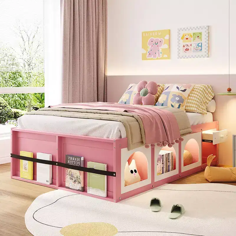 Zeus & Ruta Wood Platform Bed with Bookcase, Storage Cabinet, Light & Drawer