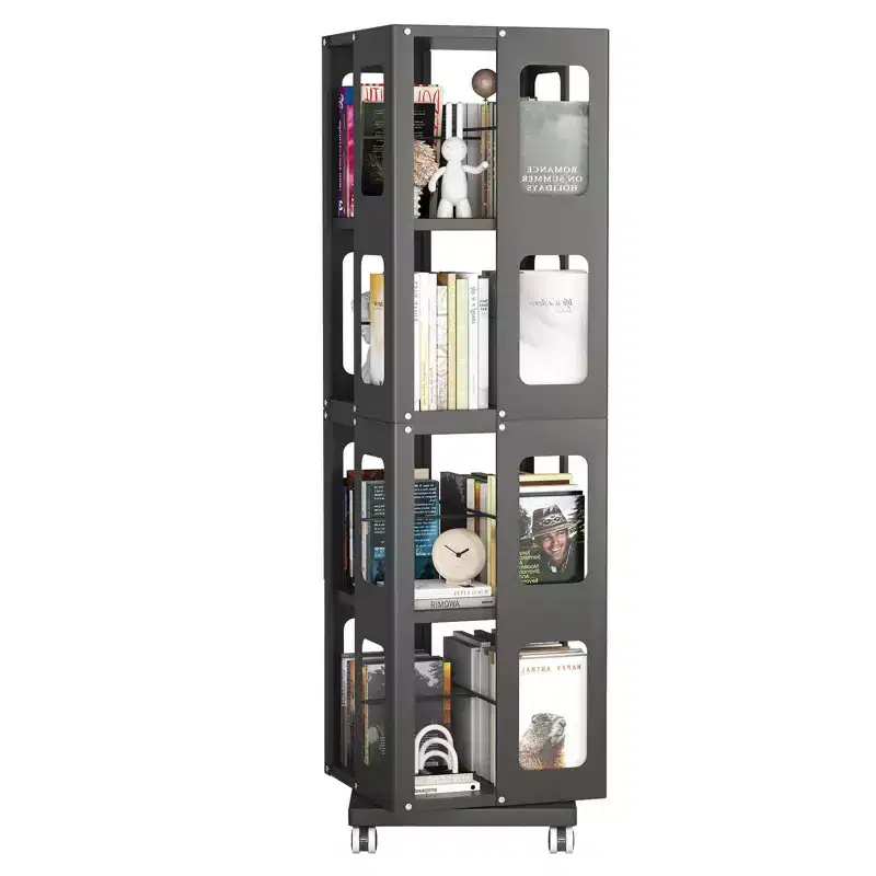 360° Rotating Bookshelf with Wheels – 4-Tier Steel Storage Organizer for Living Room & Office