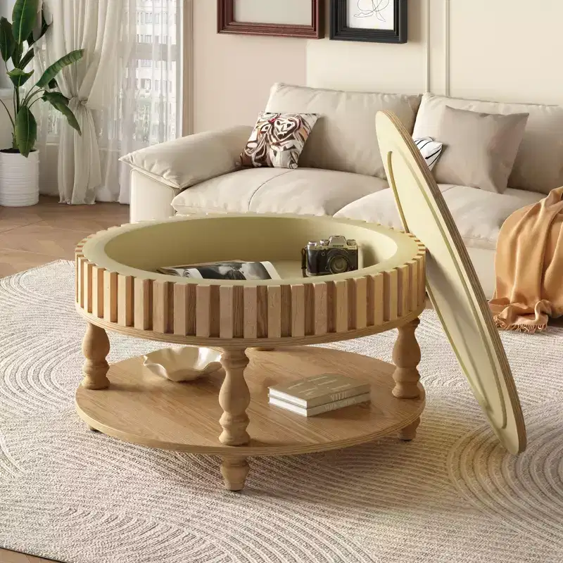 Mid Century Modern Fluted Coffee Table with Storage, Natural Wood Finish, Flip-Top Lid and Solid Wood Legs