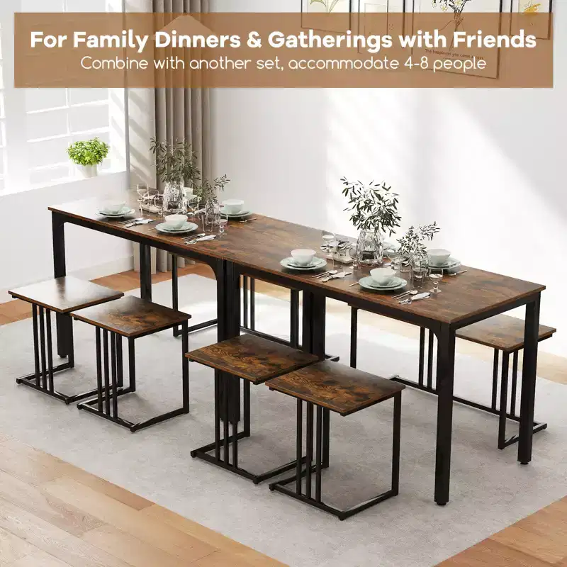 Costway 4-Piece Dining Table Set Industrial Kitchen Table Set w/ Bench & 2 Stools