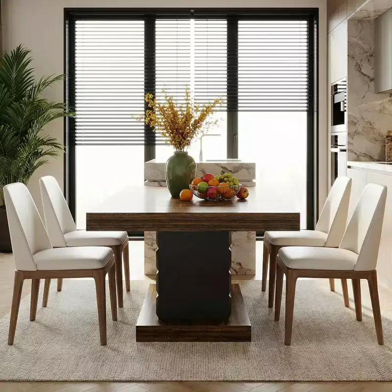 63 Modern Geometric Dining Table, Brown MDF Top Cubed Black Base Kitchen Table