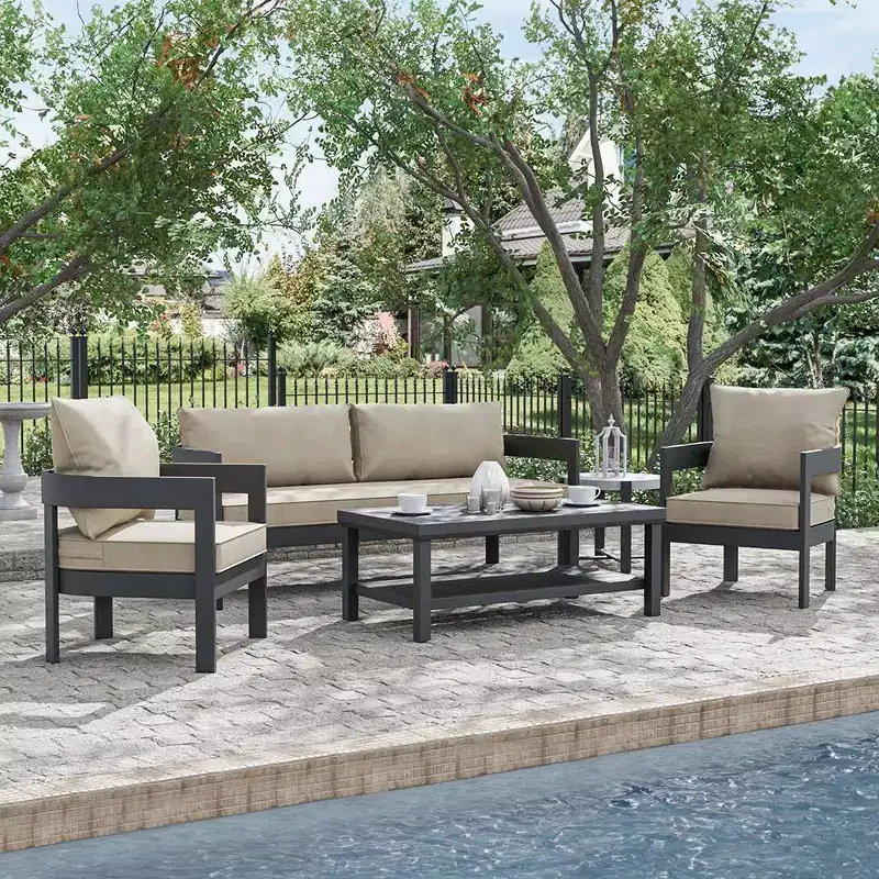Greemotion 5pc Lotus Metal Frame Outdoor Patio Conversation Furniture Sets with Ceramic Top Side Table Black: Aluminized Finish