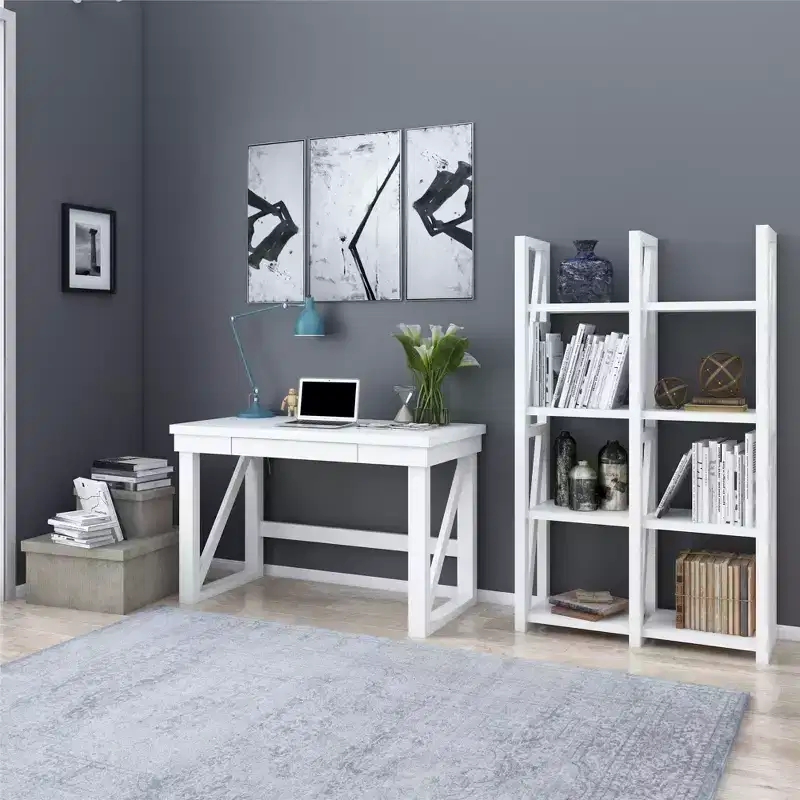 Okak 47.5IN Modern Computer Desk with Reinforced Table Legs, Office Desk with 1 Drawer, Standing Desk for Living Room, Office, Study, White