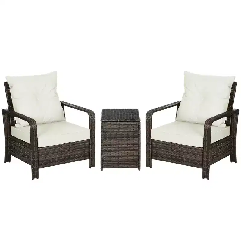 Outsunny 3 Piece Patio Furniture Set, PE Rattan Wicker Storage Table and Chairs w/ Tufted Cushions