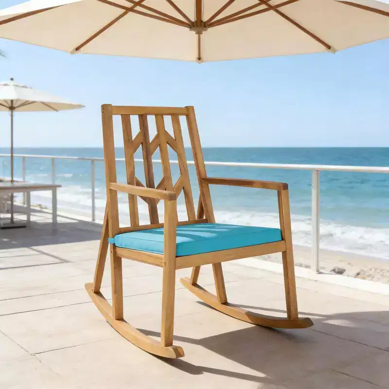 Gymax 1PC Outdoor Rocking Chair Elegant Acacia Wood Rocker with High-Density Foam Cushion Resistant Smooth Balancing Base Ideal Red/Turquoise/White