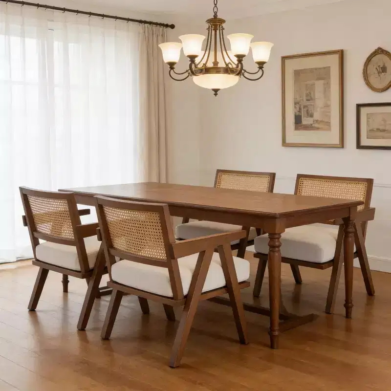 Wood Farmhouse Accent Chair with Arm, Rattan Backrest & Linen Cushion for Living Room, Bedroom