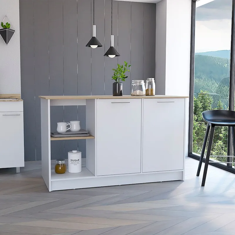Kitchen Island, Four Open Shelves, Two Cabinets -Light Oak / White