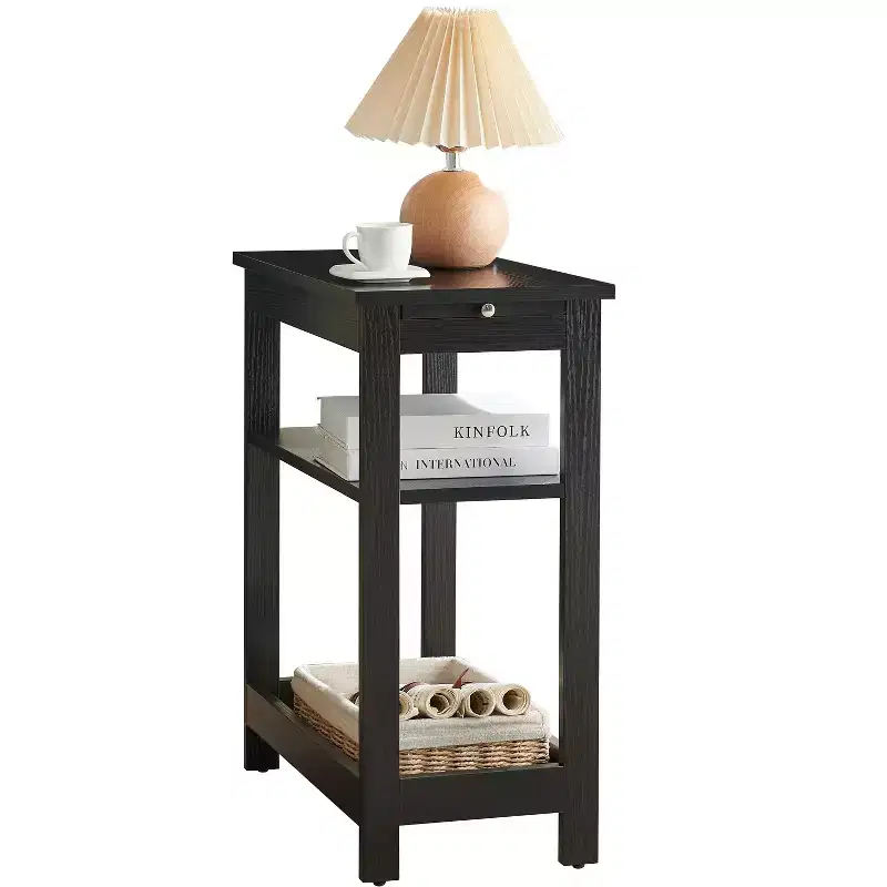 Slim Wood Side End Table with Storage Shelves & Pull-Out Tray, Nightstand for Bedroom & Living Room