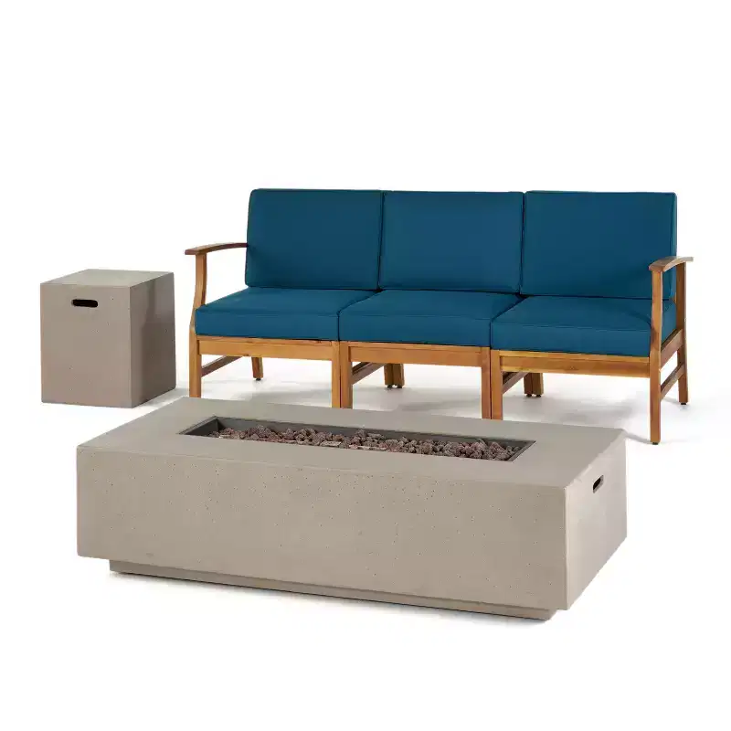 GDFStudio Abena Outdoor Acacia Wood 3 Seater Sofa with 50,000 BTU Fire Pit