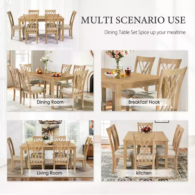 GDFStudio Marcus Modern 7 Piece Rubber Wood Dining Table Set with 6 Upholstered Chairs