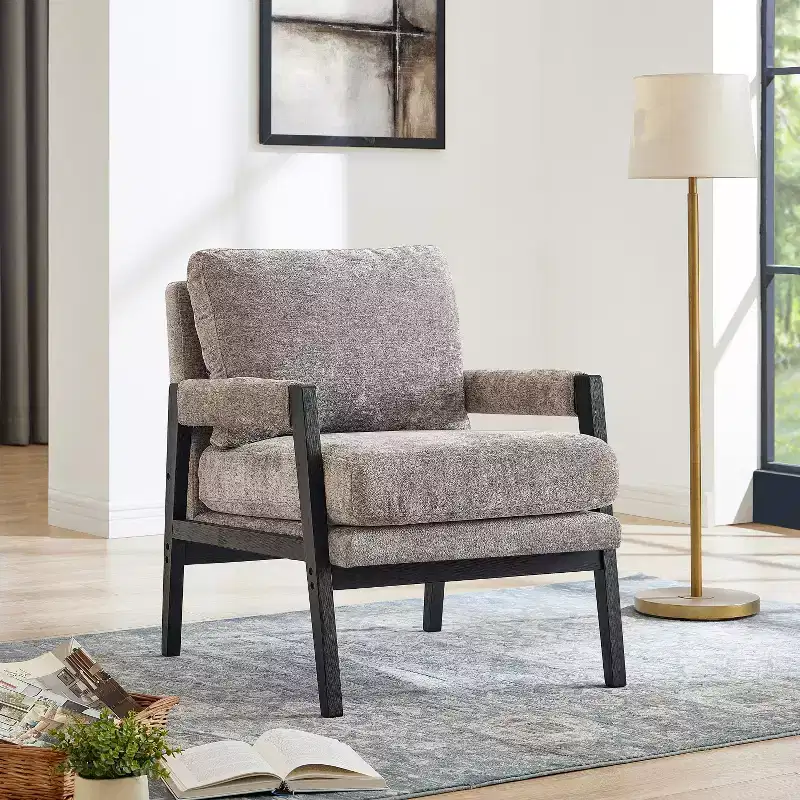 Mid-Century Modern Chenille Upholstered Accent Armchair with Acacia Wood Frame