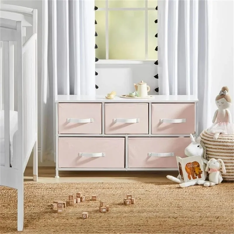 Fabric Storage Dresser – Pink / Light Pink Rose Gold / Linen / Espresso, Steel Frame, Removable Drawers