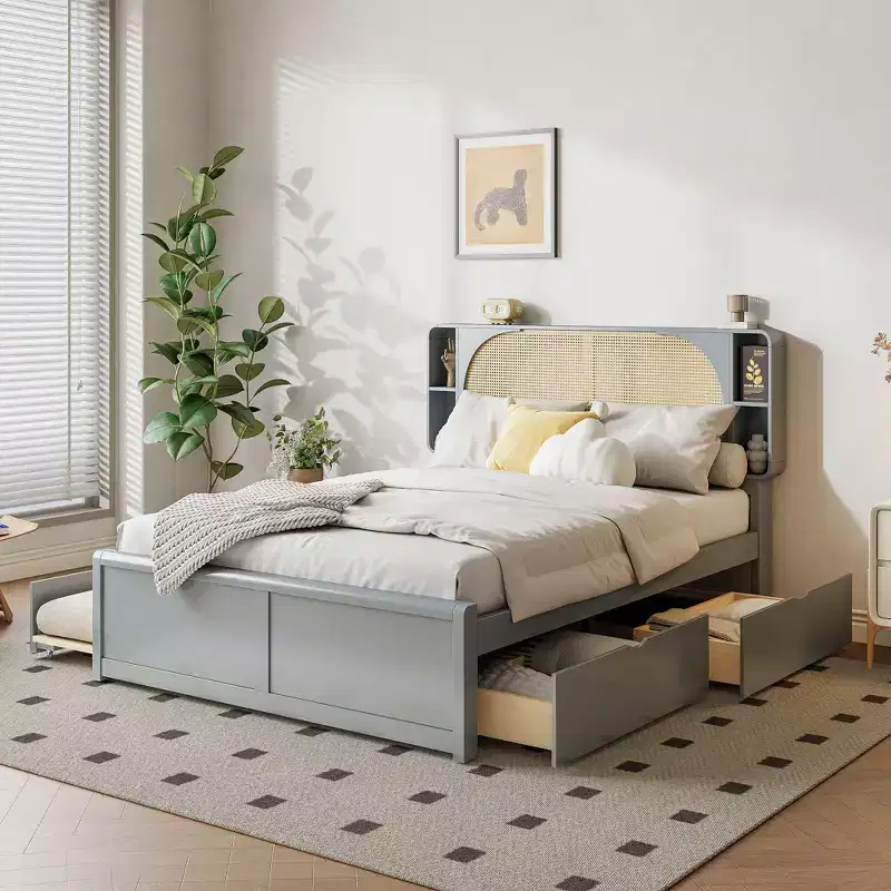 Queen Size Rattan Headboard Platform Bed with Two Drawers and Trundle - ModernLuxe